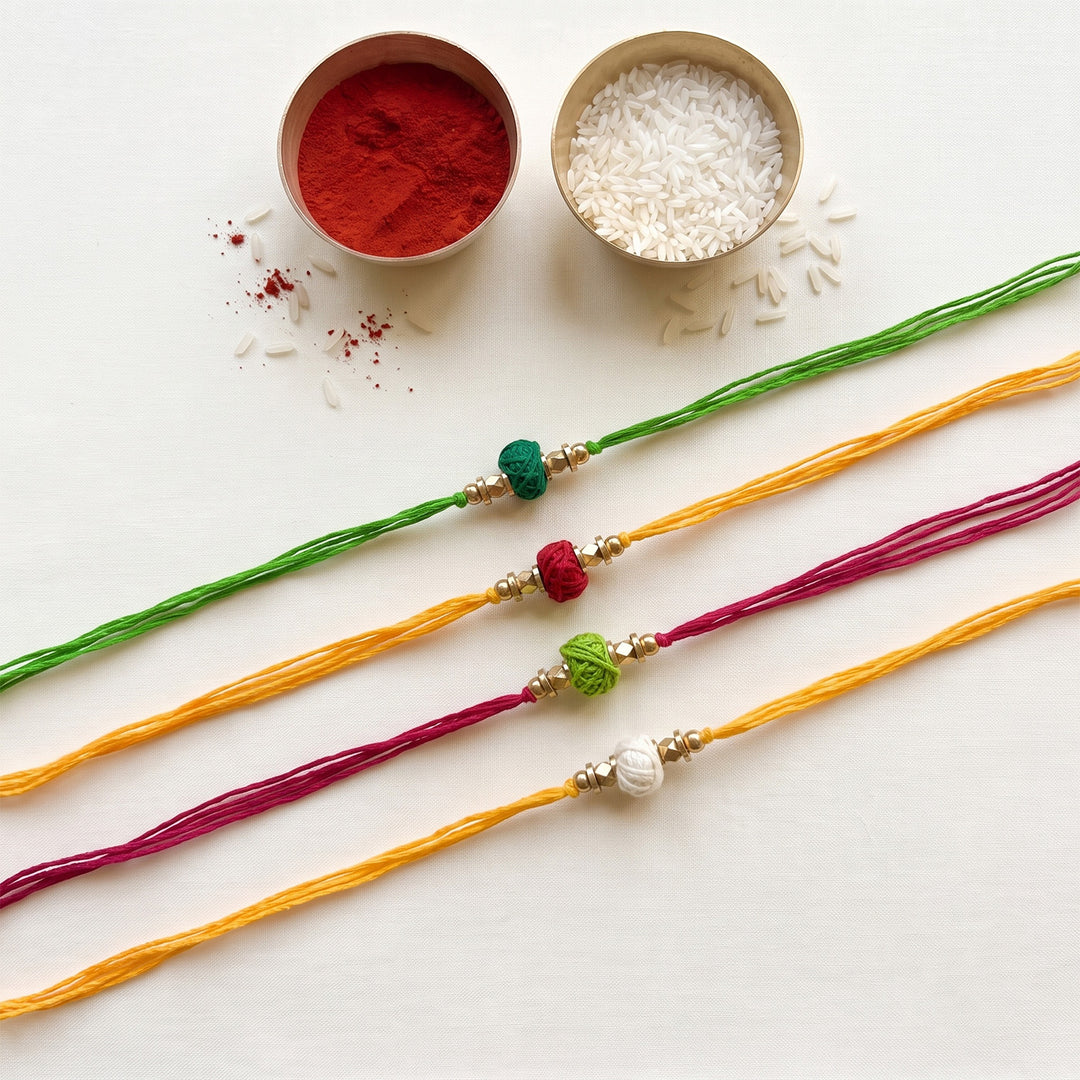 Handcrafted Color Pop Thread Rakhi With Roli Chawal For Brother | Set of 4
