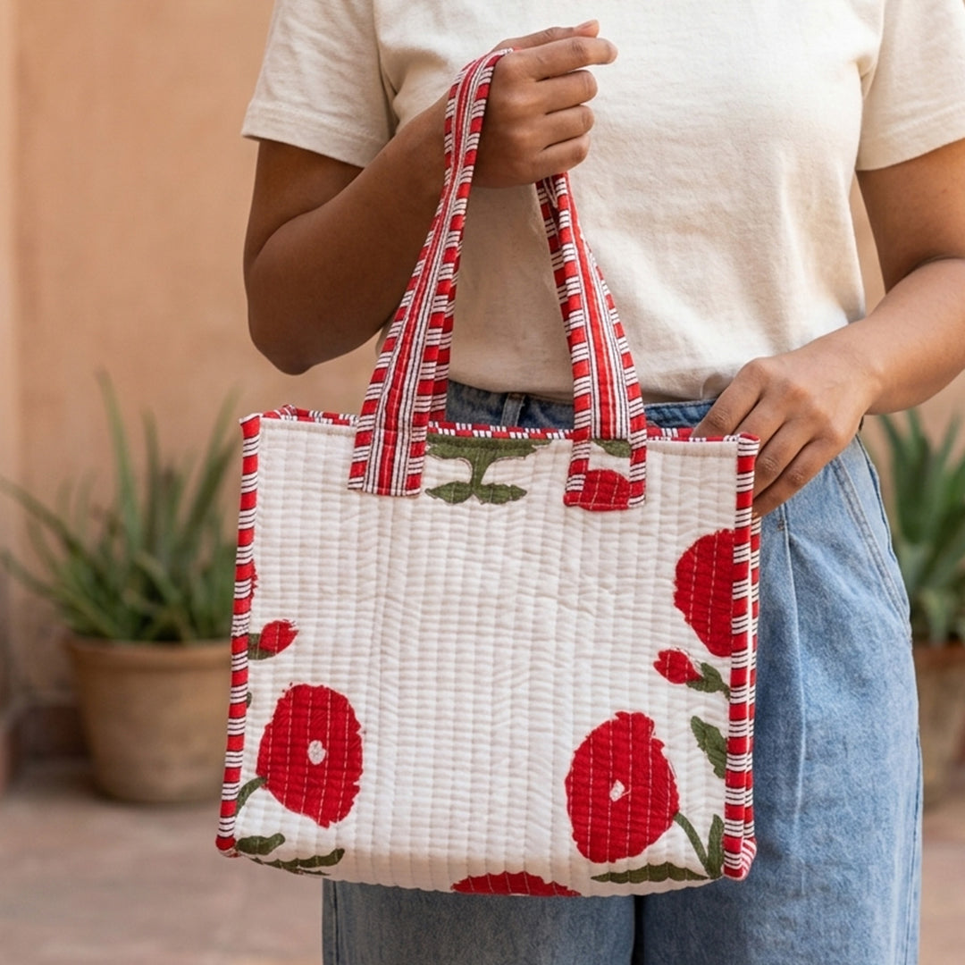 Hand Block Printed Red Poppy Cotton Tote Bag