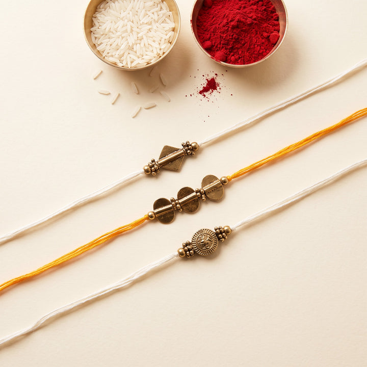 Beaded Diamond & Charm Brass Rakhi With Roli Chawal For Brother | Set of 3
