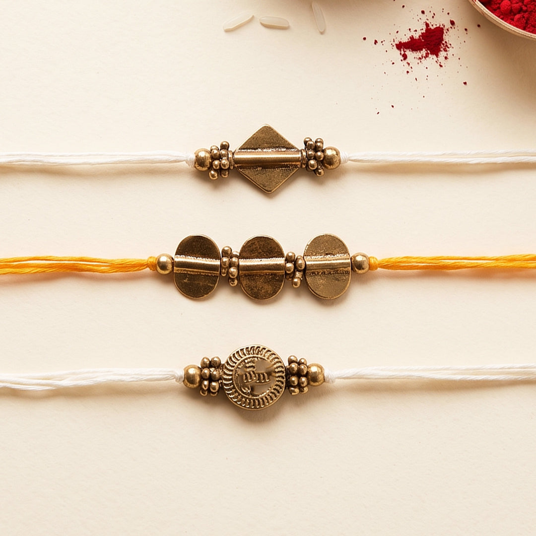 Beaded Diamond & Charm Brass Rakhi With Roli Chawal For Brother | Set of 3