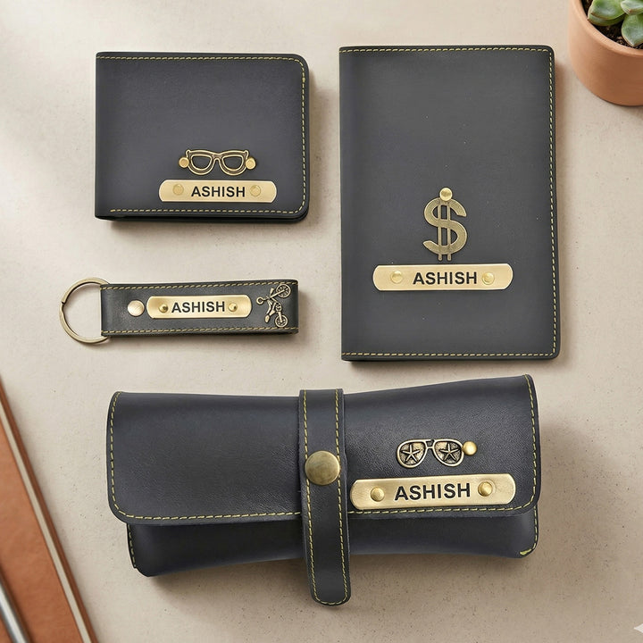 4 Pc | Personalized Faux Leather Gift Set For Men | Includes 1 Wallet, 1 Keychain, 1 Passport Cover, 1 Eyeware Case