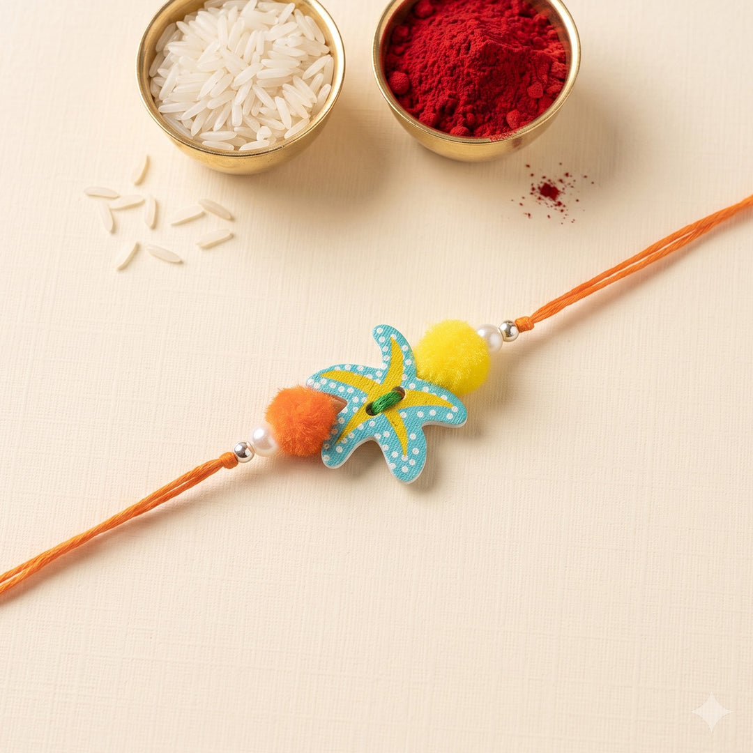 Little Starfish Handcrafted Wooden Kids Rakhi With Roli Chawal For Brother