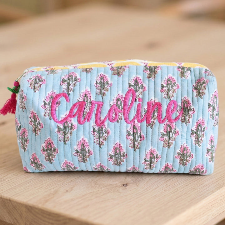 Personalized Block Printed Light Blue Cotton Cosmetic Pouch