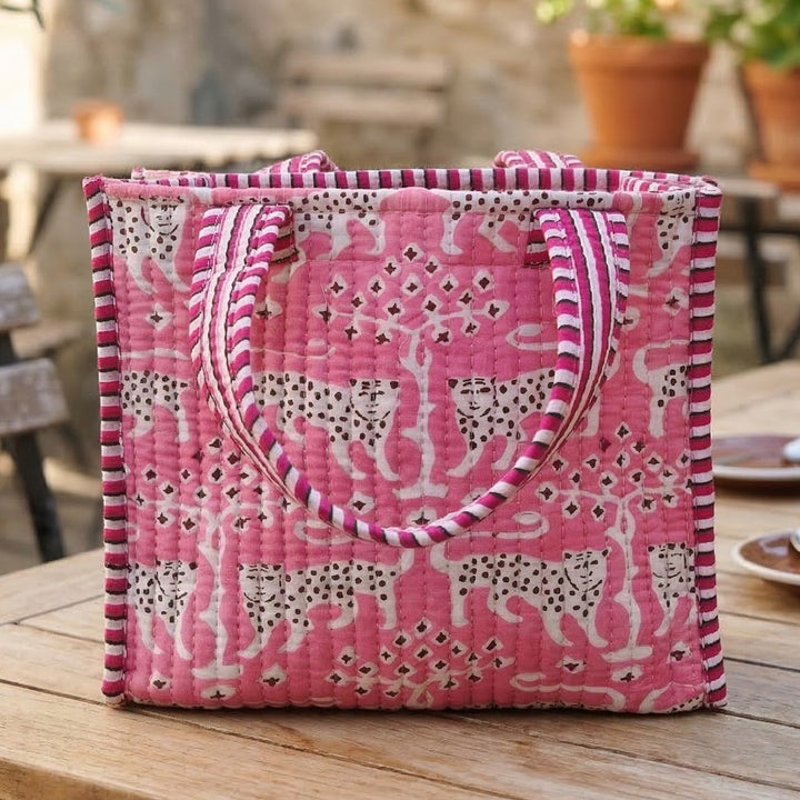 Hand Block Printed Pink Panther Cotton Tote Bag