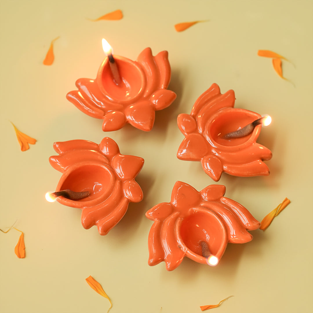 Set Of 4 | Handmade Orange Lotus Design Ceramic Oil Lamp / Diya
