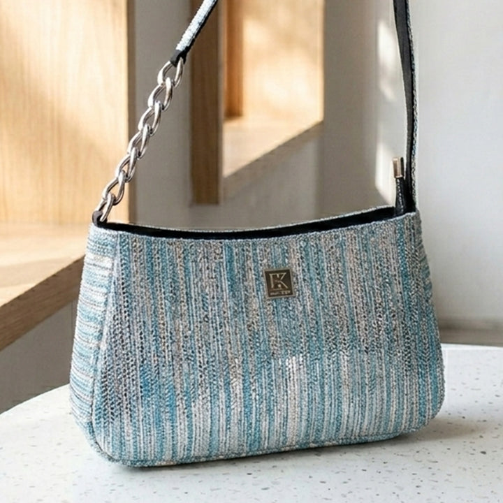 Indigo Blue and Silver Striped Upcycled Plastic Handcrafted Mini Baguette Handbag