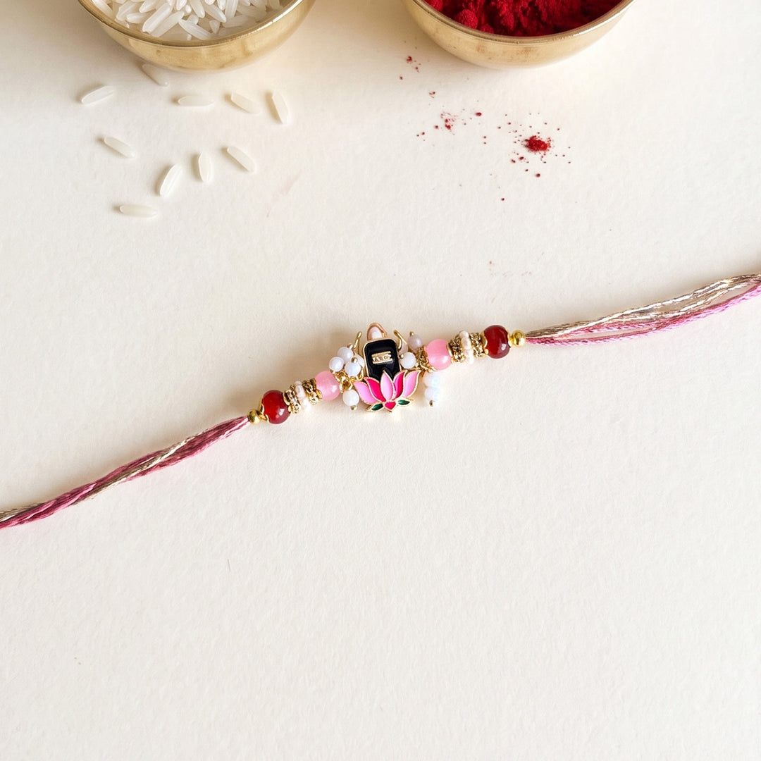 Lotus Shiv Motif Kundan Rakhi For Brother With Roli Chawal