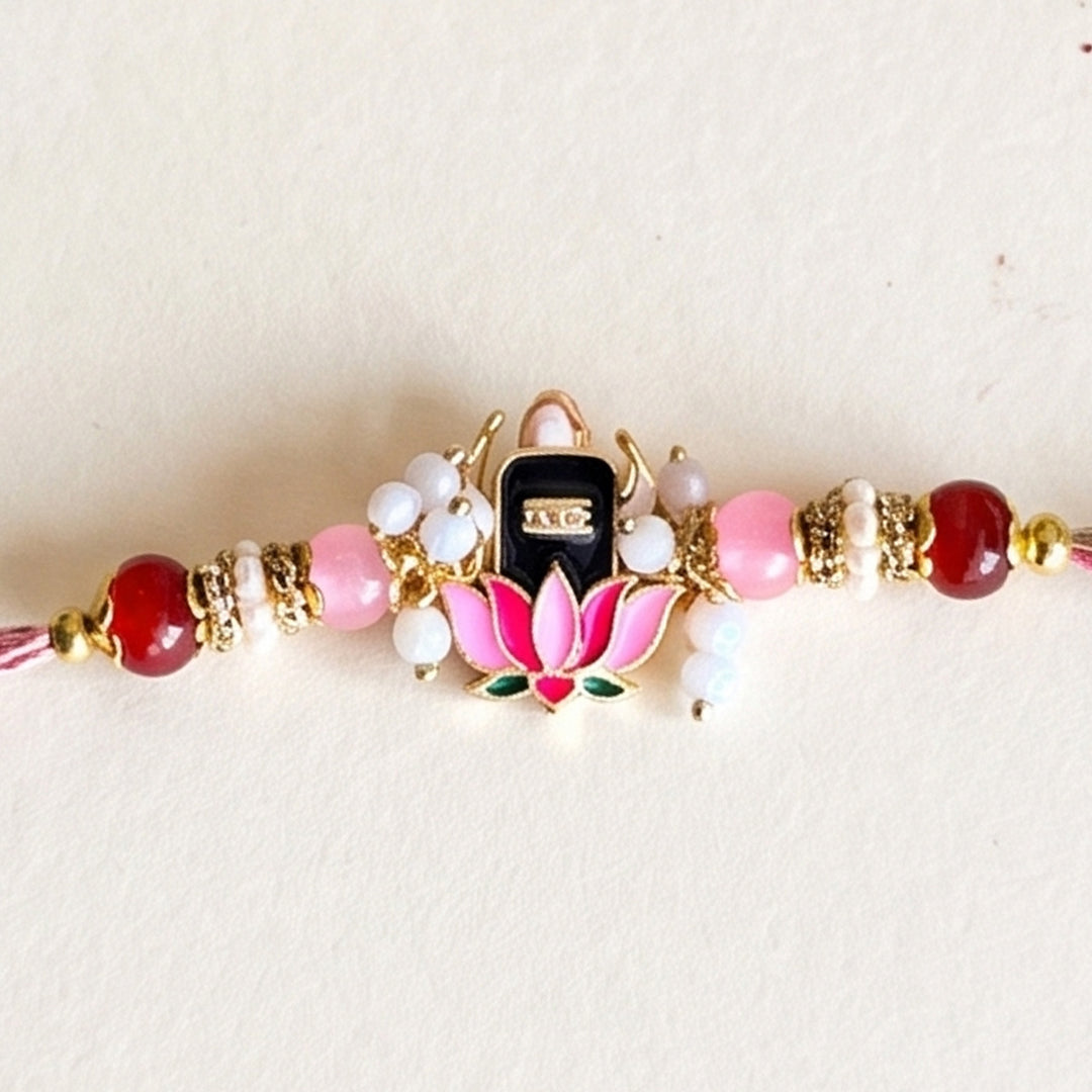 Lotus Shiv Motif Kundan Rakhi For Brother With Roli Chawal