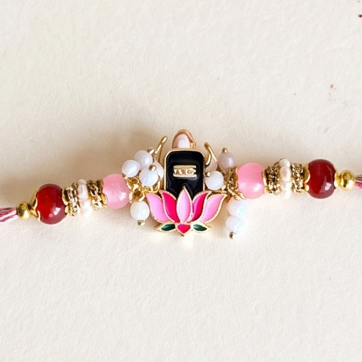 Lotus Shiv Motif Kundan Rakhi For Brother With Roli Chawal