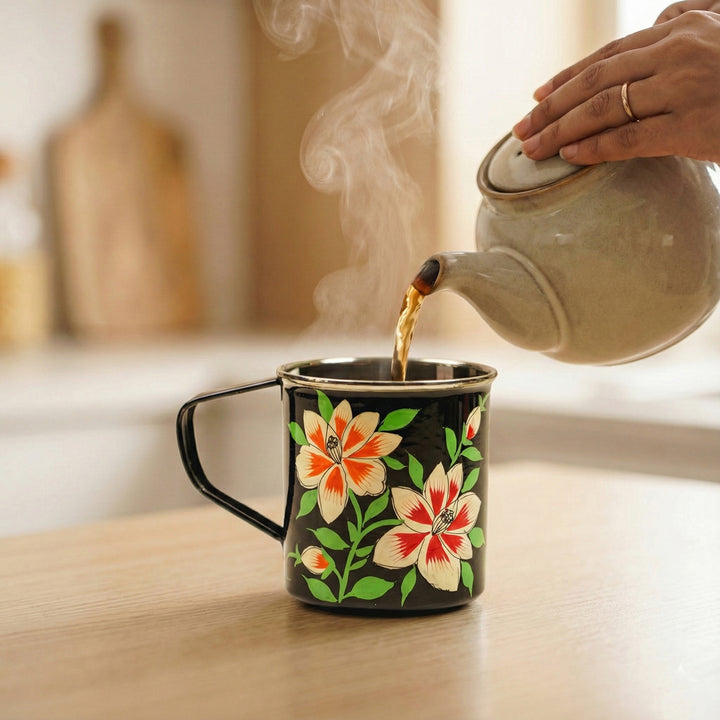 Hand-Painted Black Floral Kashmiri Art Stainless Steel Mug