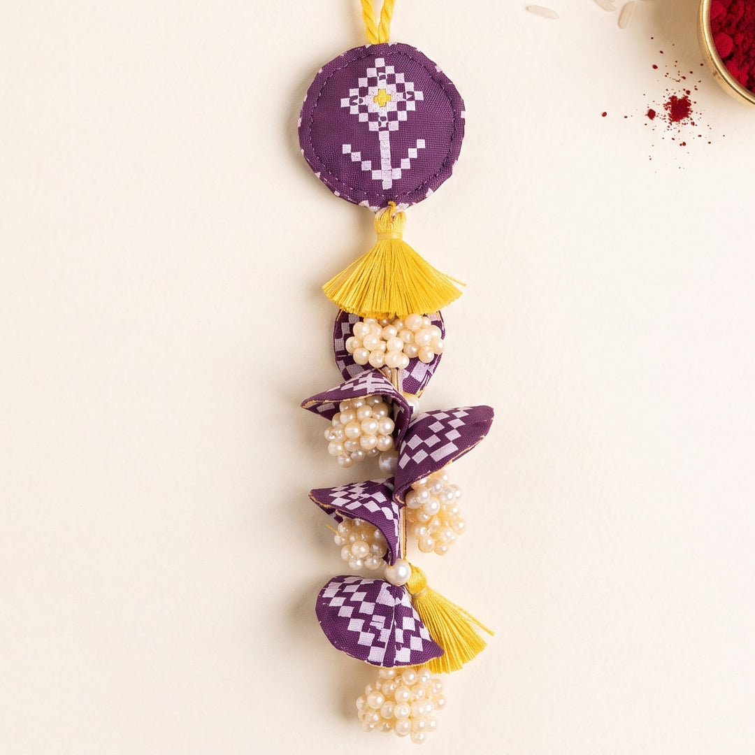 Handcrafted Pearl, Tassel & Thread Work Cheed Heavy Lumba Rakhi for Bhabhi - Violet