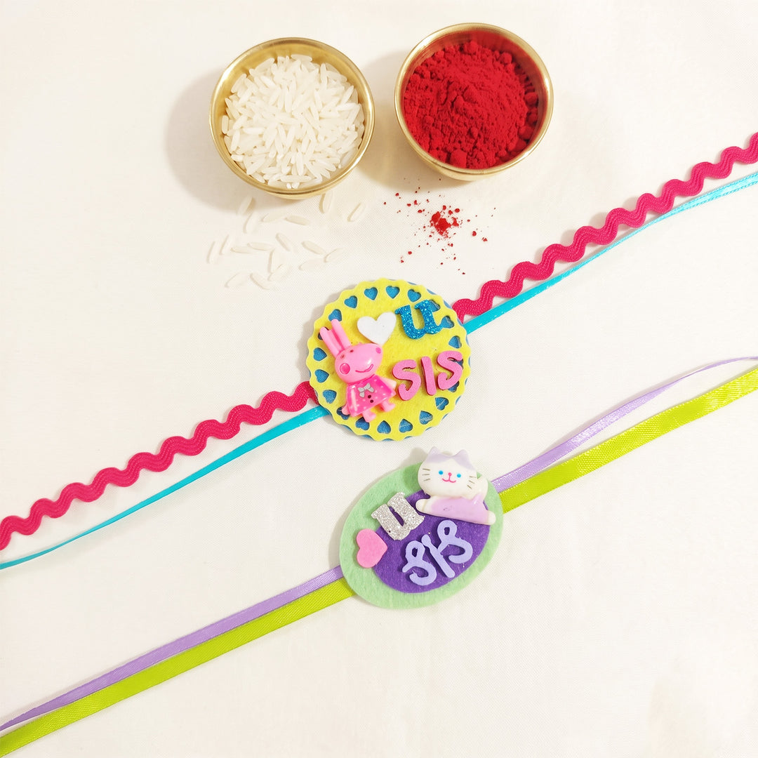 Handmade "Love U Sis" Peppa Pig & Cat Felt Kids Rakhi Combo With Roli Chawal For Sisters | Set Of 2