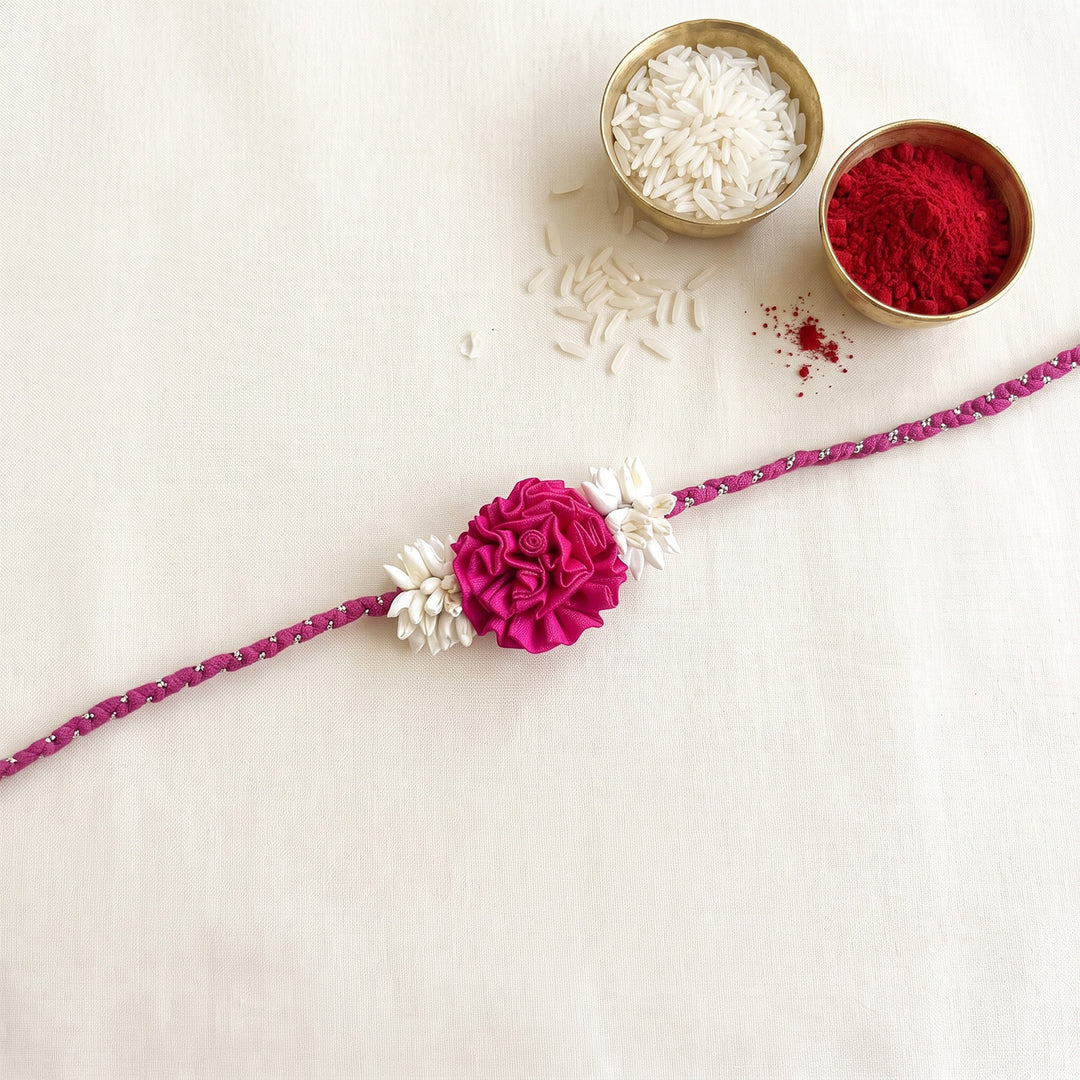 Handcrafted Rose & Mogra Bud Silk Fabric Floral Rakhi For Brother With Roli Chawal