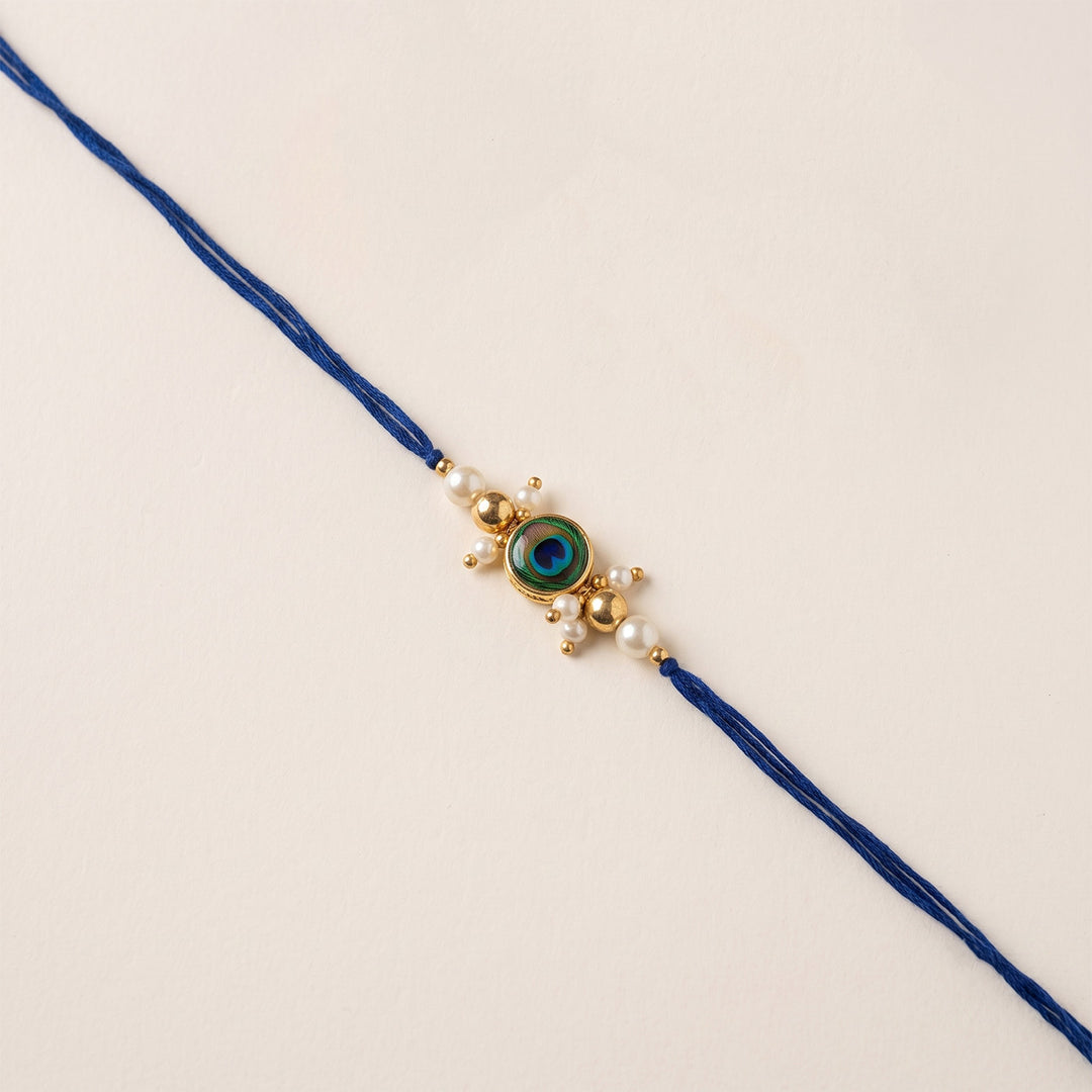 Handmade Evil Eye Peacock Blue Premium Agate Rakhi With Roli Chawal, Nariyal And Gift Box For Brother
