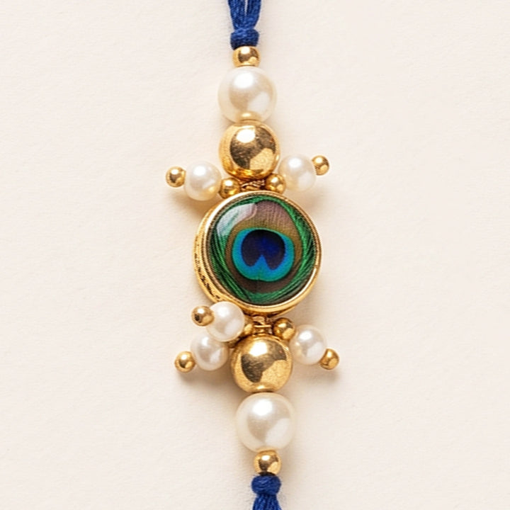Handmade Evil Eye Peacock Blue Premium Agate Rakhi With Roli Chawal, Nariyal And Gift Box For Brother