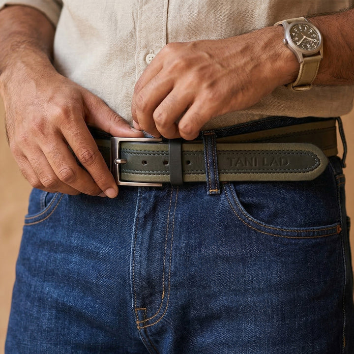 Green & Black Layover Leather Belt