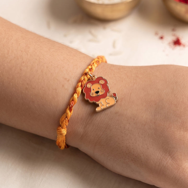Handmade Lion Charm Rakhi With Roli Chawal For Kids