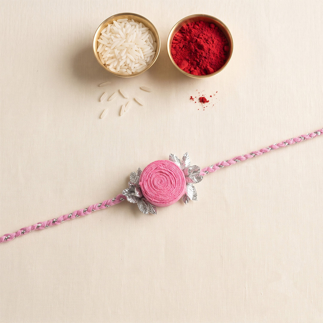 Handmade Rose Bloom Silk Rakhi For Brother With Roli Chawal