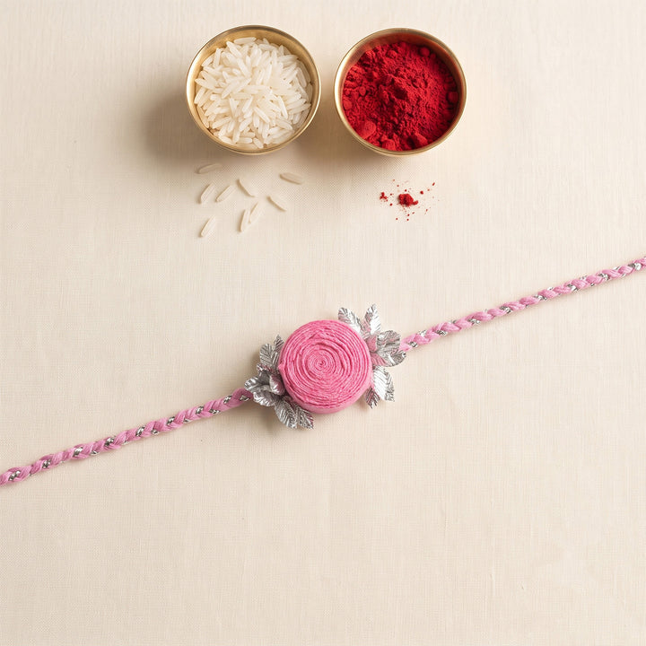 Handmade Rose Bloom Silk Rakhi For Brother With Roli Chawal