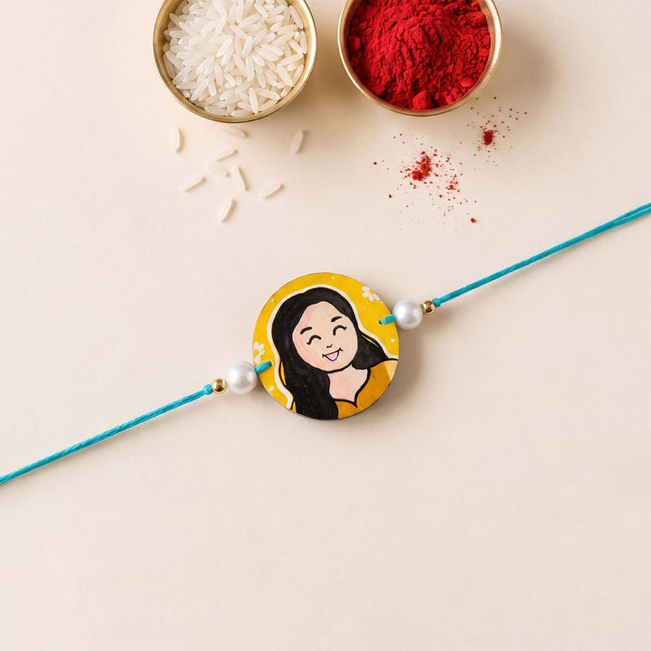 Photo Personalized Handpainted Reusable Caricature Mdf Wood Rakhi With Roli Chawal For Sister