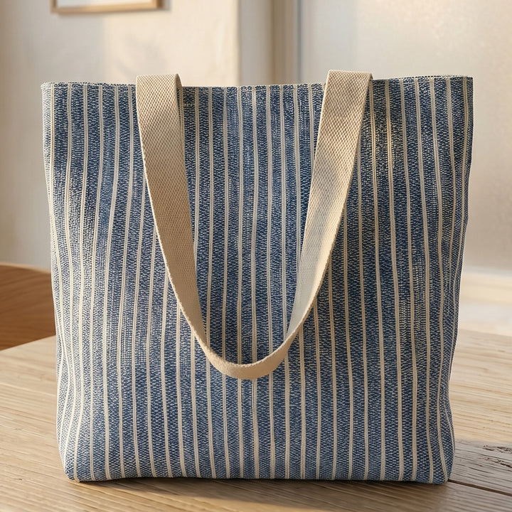 Indigo Blue and White Striped Upcycled Plastic Handcrafted Classic Tote Bag For Everyday Use