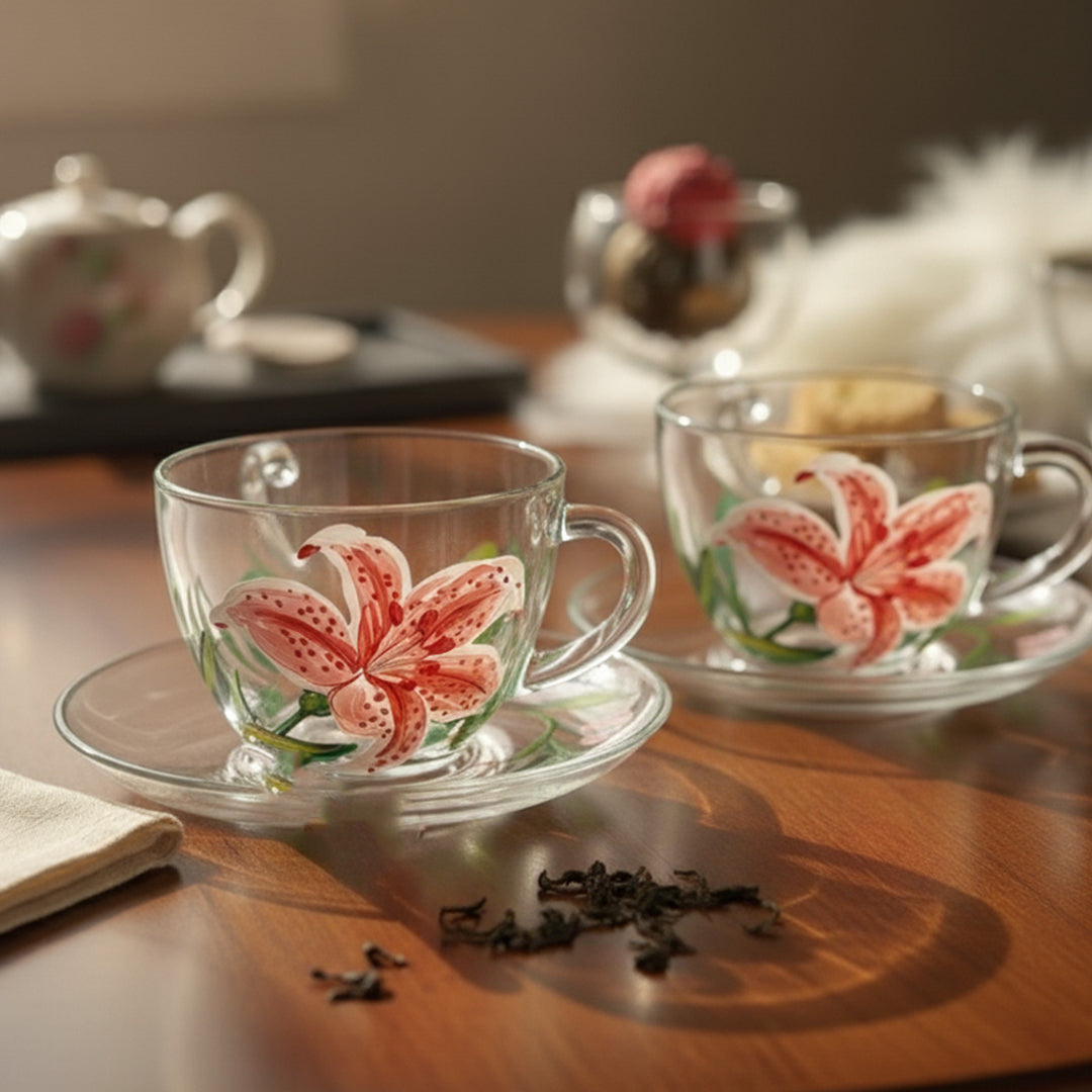 Hand-Painted Lily Glass Tea Cups With Saucers