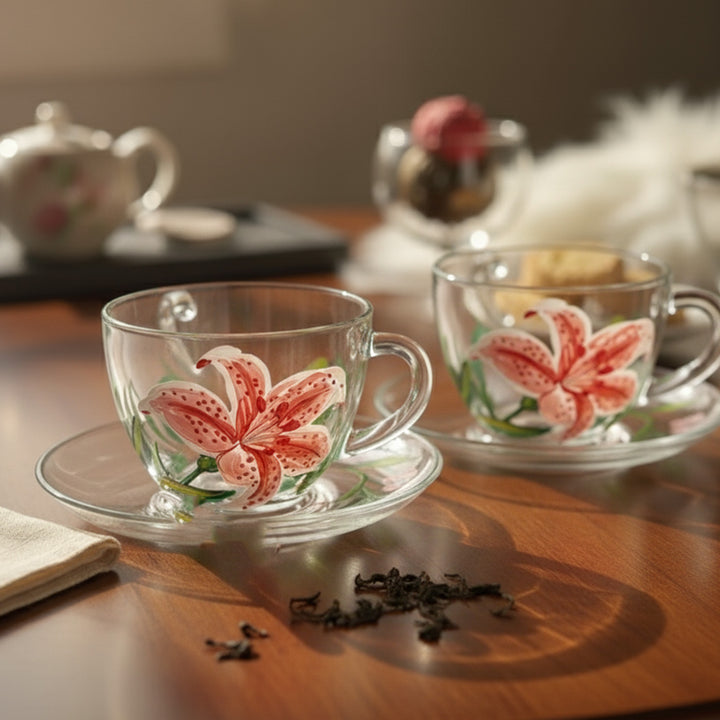 Hand-Painted Lily Glass Tea Cups With Saucers