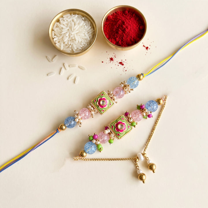 Hand-Knotted Beaded Couple Rakhi & Lumba Set For Bhaiya Bhabhi | Set of 2