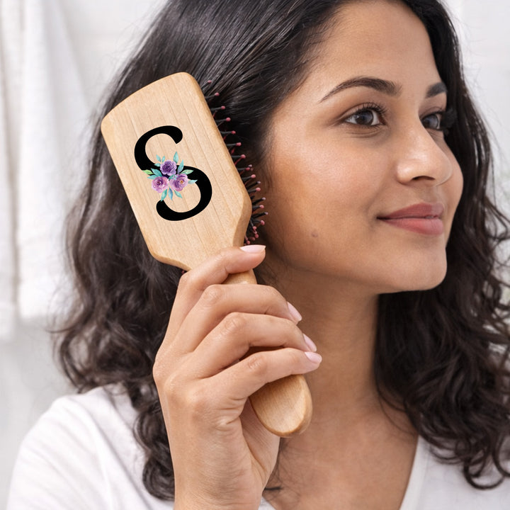 Personalized Floral Monogram Paddle Bamboo Wooden Hair Brush
