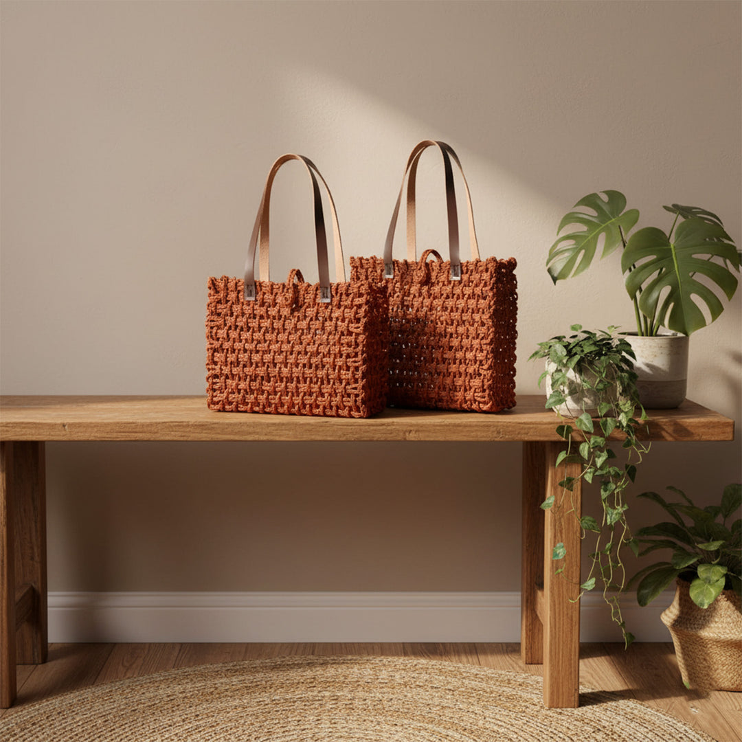 Handmade Grass Woven Leather Strap Box Shaped Orange Sabai Mesh Tote Bag