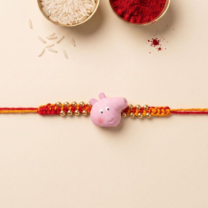 Handmade Piggy Charm Polymer Clay Rakhi With Roli Chawal For Kids