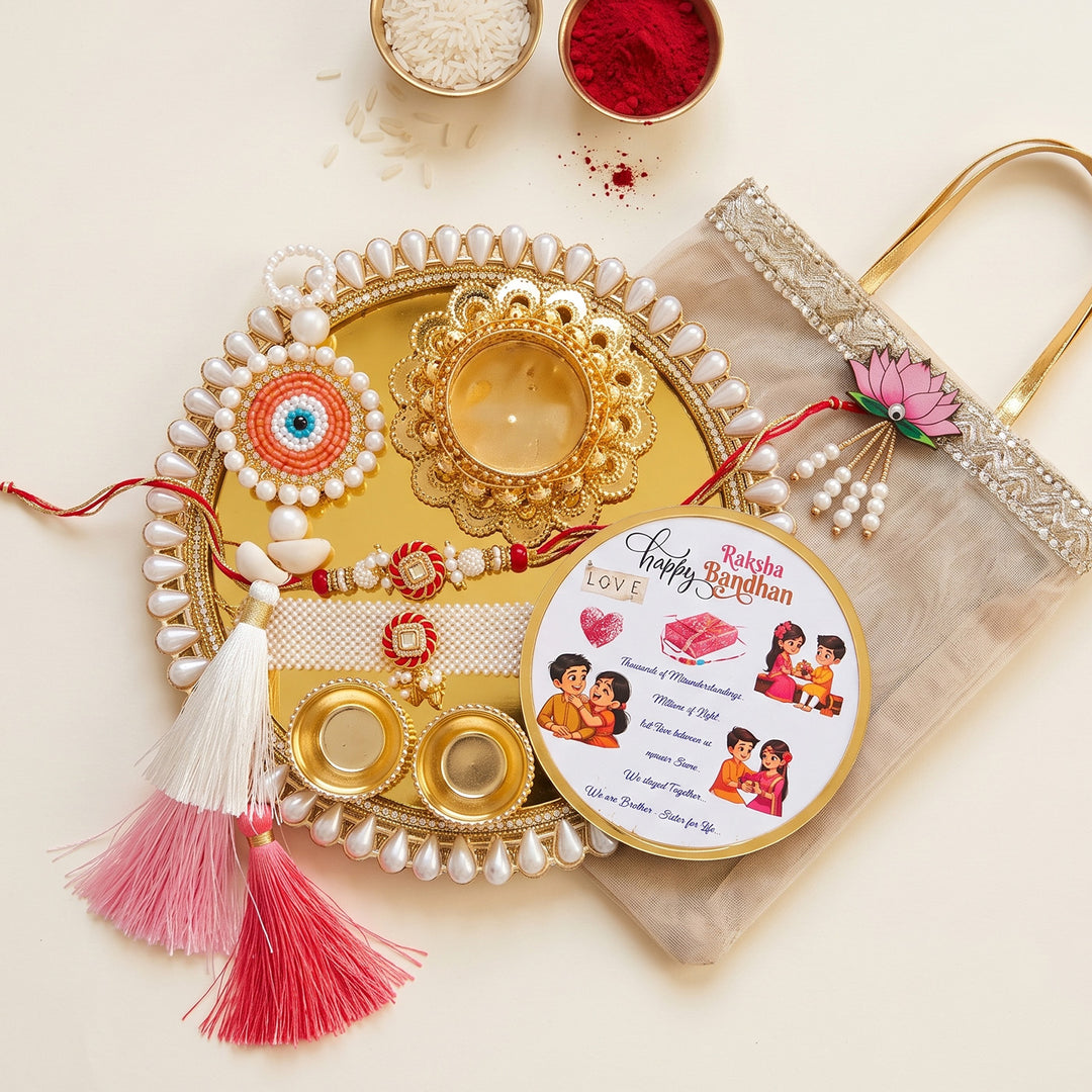 Lotus Bag & Puja Thali Rakhi Hamper With Evil Eye Hanging For Bhaiya Bhabhi