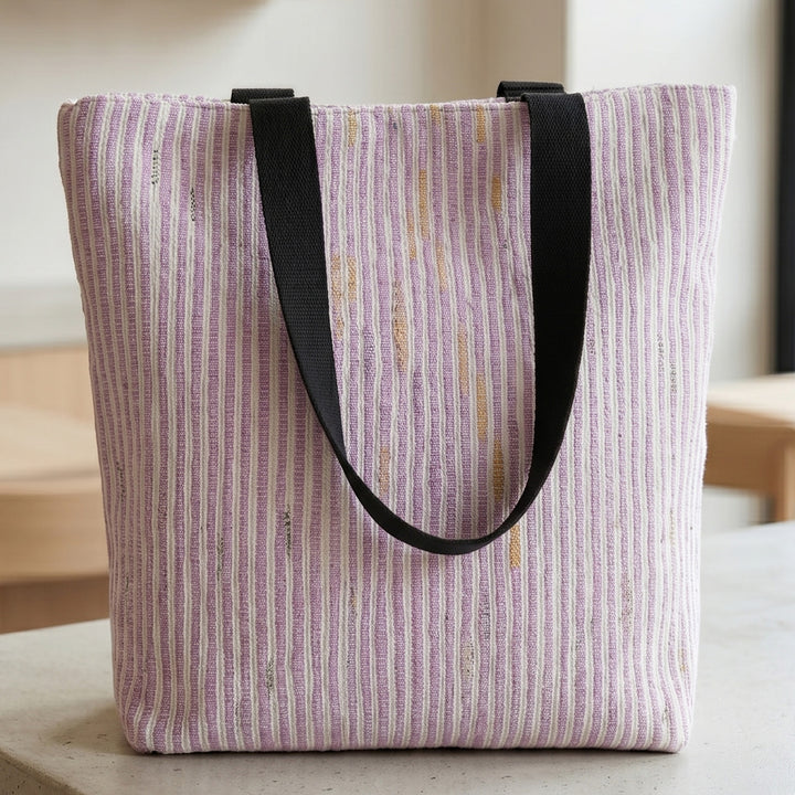 Pink and White Striped Upcycled Plastic Handcrafted Classic Tote Bag For Everyday Use