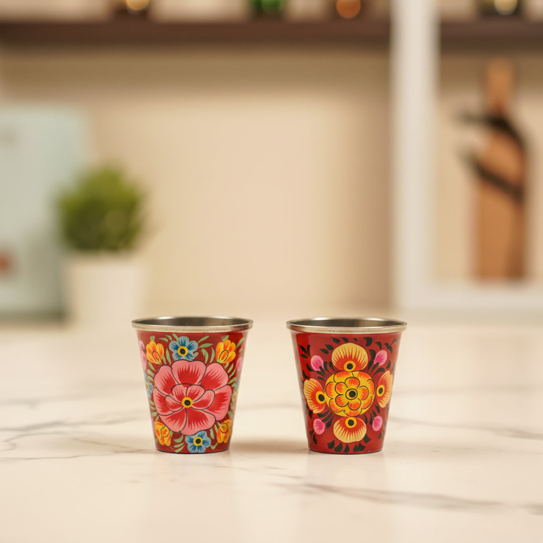 2Pc | Hand-Painted Floral Kashmiri Art Stainless Steel Shot Glasses