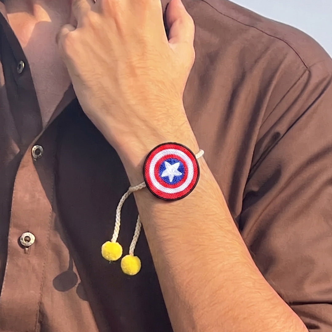 Handmade Reusable Captain America Theme Pom - Pom Felt Kids Rakhi