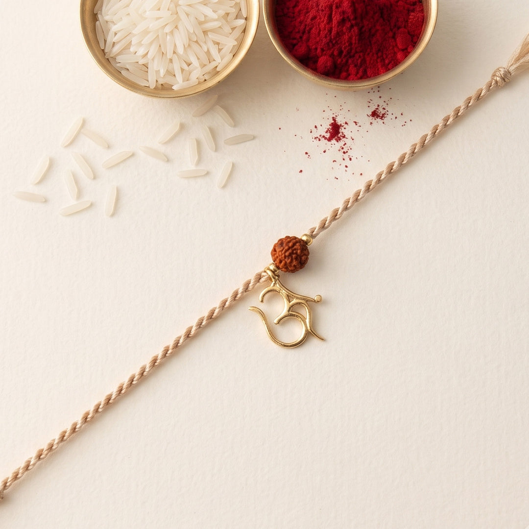 Sacred Om With Rudraksh Gold Plated Sterling Silver Charm Rakhi With Roli Chawal For Brother