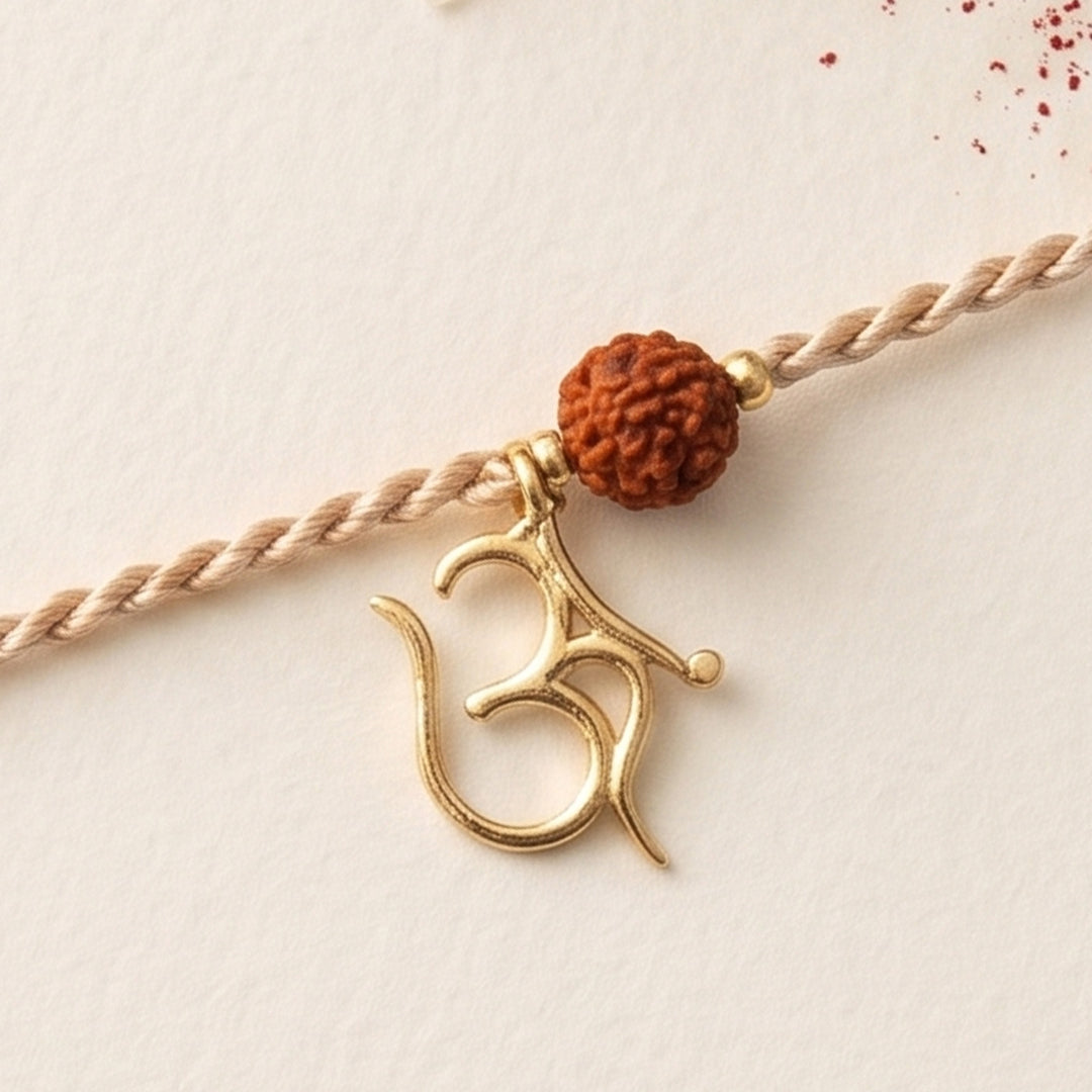 Sacred Om With Rudraksh Gold Plated Sterling Silver Charm Rakhi With Roli Chawal For Brother