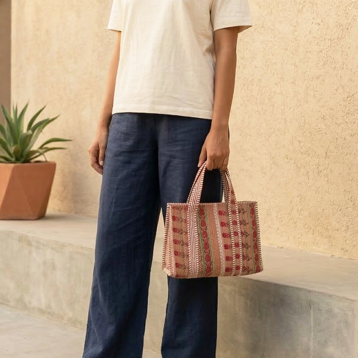 Handmade Pink Indie Floral Cotton Tote Bag
