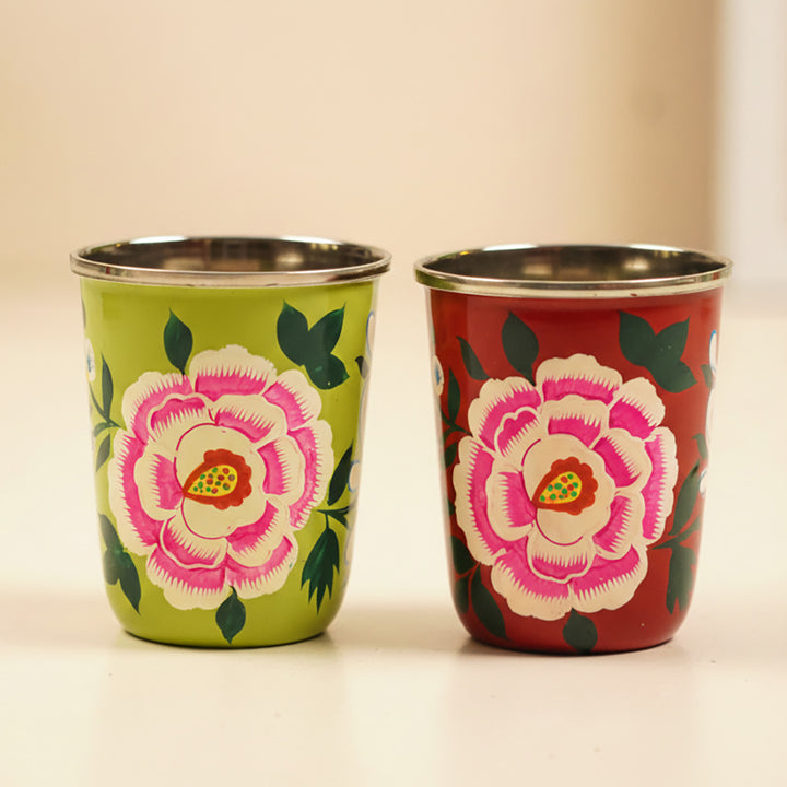 2Pc | Hand-Painted Red & Green Floral Kashmiri Art Stainless Steel Medium Glasses