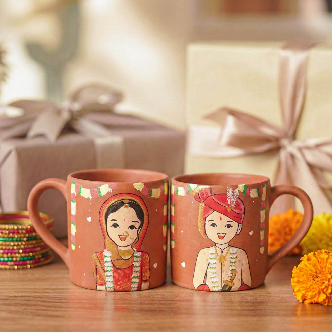 2 Pc | Gujarati Couple Personalized Handpainted Terracotta Mug | 200 ml