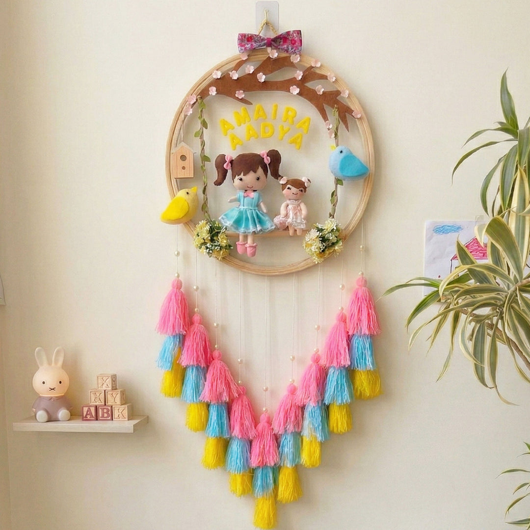Personalized Garden Bloom Theme Kids Name Plate With Tassels For Siblings