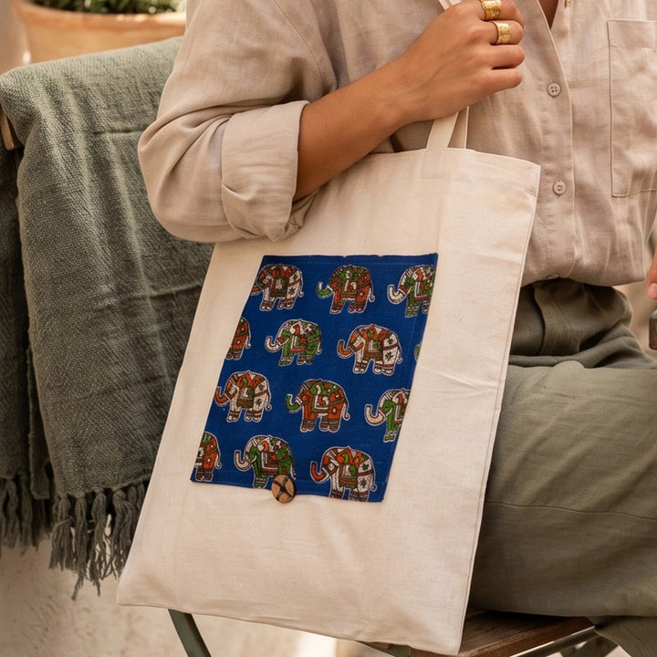 Handcrafted Foldable Cotton Ikat Blue Elephant Tote Bag