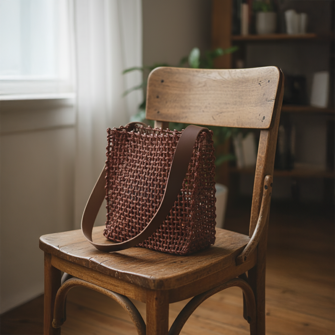 Handmade Grass Woven Box Shaped Leather Strap Brown Sabai Mesh Tote Bag