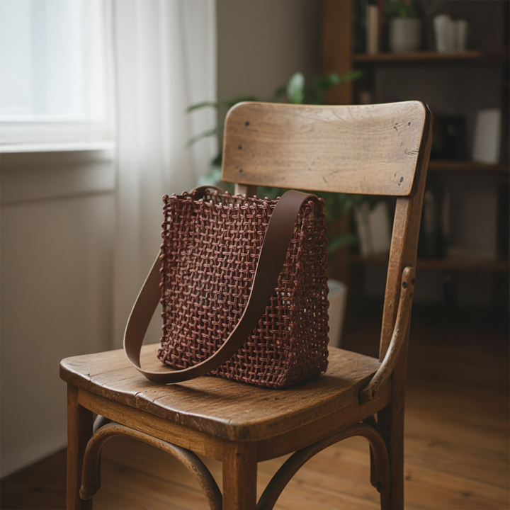 Handmade Grass Woven Box Shaped Leather Strap Brown Sabai Mesh Tote Bag