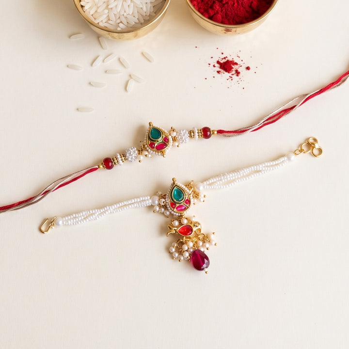 Paan Meenakari Bhaiya Bhabhi Rakhi Set With Roli Chawal | Set of 2