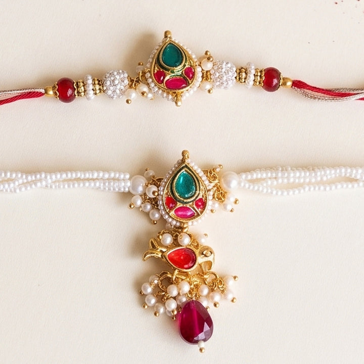 Paan Meenakari Bhaiya Bhabhi Rakhi Set With Roli Chawal | Set of 2