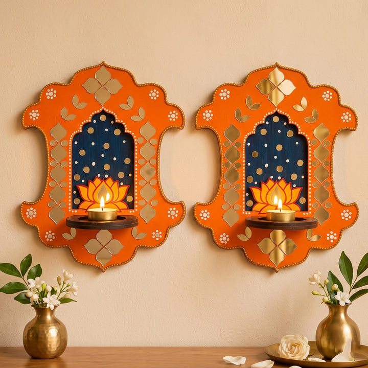 Set of 2 | Lotus Inspired Jharokha MDF Wall Hanging Tealight Holders For Festive Decor