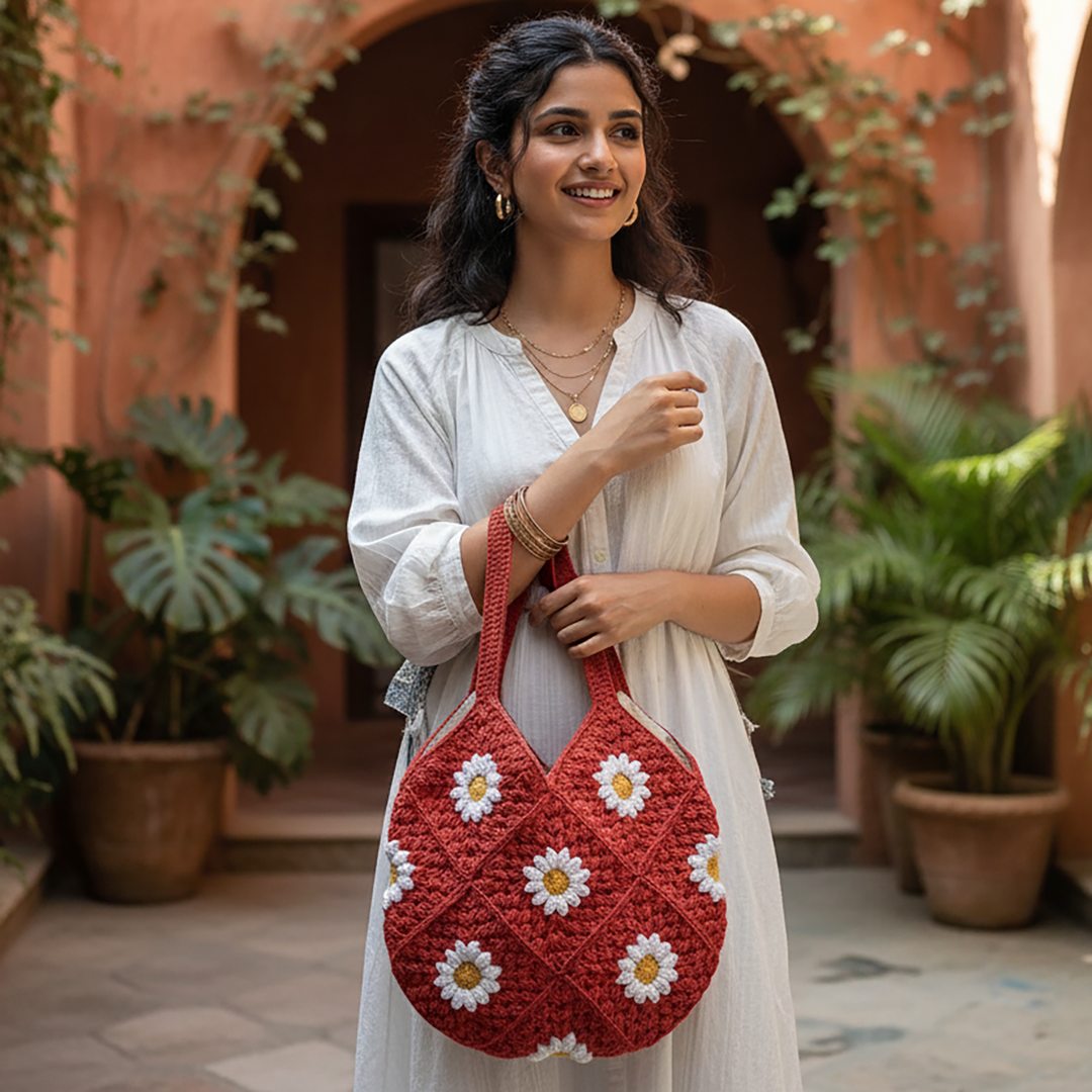 Handmade Crochet Pink Daisy Hobo Shoulder Bag