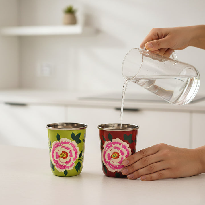 2Pc | Hand-Painted Red & Green Floral Kashmiri Art Stainless Steel Medium Glasses