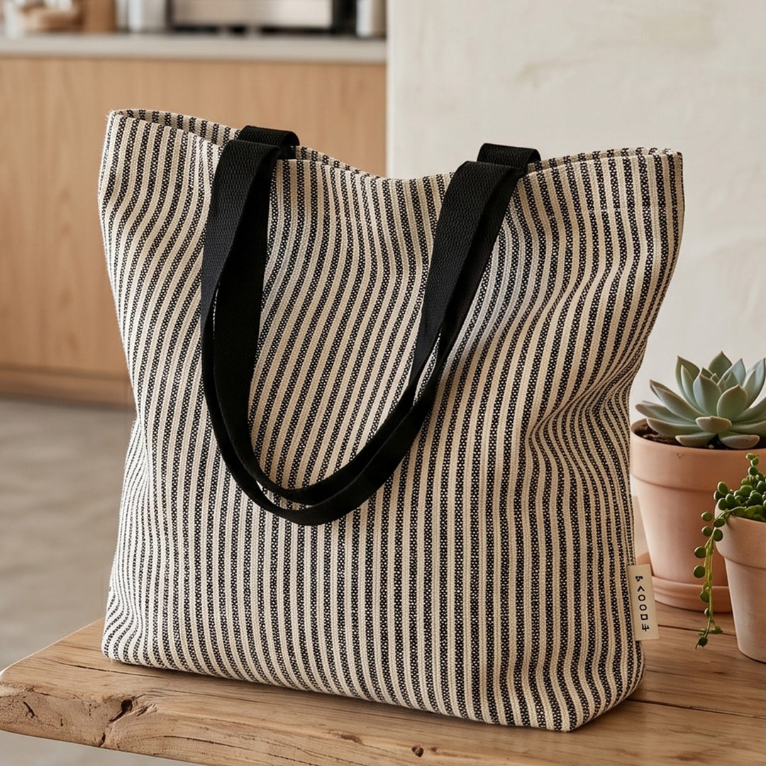 Black and Silver Striped Upcycled Plastic Handcrafted Classic Tote Bag For Everyday Use